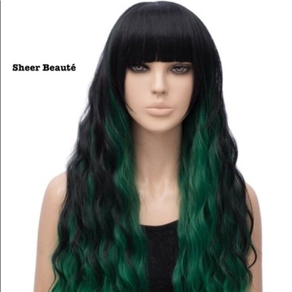 Green And Black Curly Wigs With Bangs - Picture 4 of 6